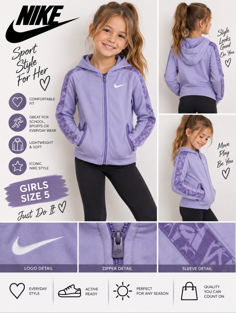 Nike girls size 5 purple zip up jacket #AJ3